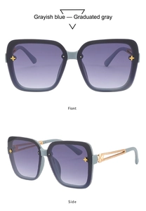 Macro detail of grayish blue square sunglasses with gold clover metal temple accents