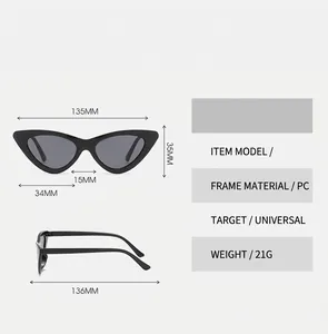 Detaillierte Maße der Katzenaugen-Sonnenbrille mit PC-Rahmen und Gewichtsinformationen