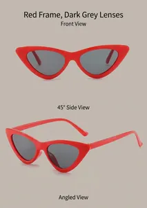 Vorder- und Seitenansicht der Vintage-Cat-Eye-Sonnenbrille in Rot mit grauen Gläsern