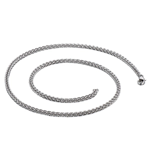 Men's silver stainless steel wheat chain necklace with lobster clasp on white background