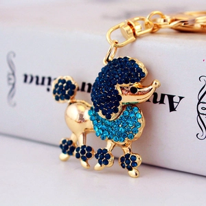 Creative crystal poodle keychain with sparkling blue rhinestones and gold-plated finish