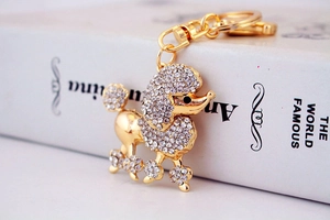 Detail of a golden poodle keychain with sparkling crystals and metal puppy charm