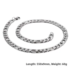 Silver 9mm Figaro chain details with 550mm length and 60g weight and lobster clasp