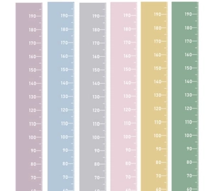 Detailed view of canvas height charts in six assorted colors showing 60 to 190 cm scale