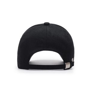 Back view of black cotton baseball cap with adjustable silver metal buckle on white background