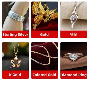 Macro detail of various jewelry types including silver, gold, platinum, and diamond rings