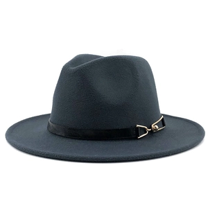 Detail of dark grey fedora hat featuring wool felt texture and black leather band with gold buckle