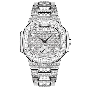 Luxurious hip-hop men's quartz watch with iced-out crystals and date window in silver