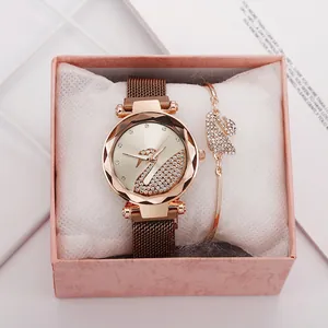 Elegant rose gold women's swan watch set with rhinestone bracelet in a gift box
