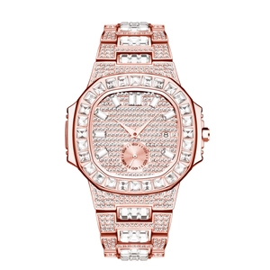 Luxury iced-out hip hop watch in rose gold featuring a full diamond bezel and metal band