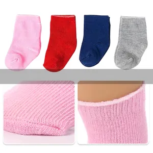 Colorful 18-inch doll knit socks set in pink, red, navy and grey with ribbed texture