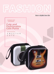 Square tinplate coin purse featuring realistic camera and electric guitar prints with zipper
