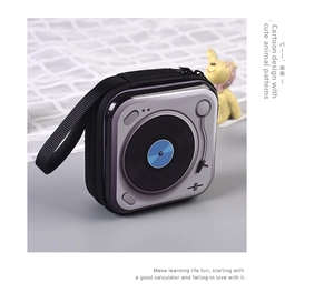 Detailed view of square zippered earphone case with vintage vinyl record player print