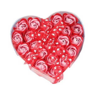 Heart-shaped gift box with pink gradient soap roses and a red ribbon with LOVE text