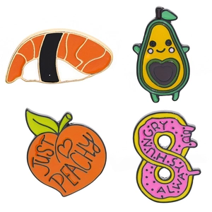 Cartoon food enamel pin set featuring sushi, avocado, peach, and donut metal badges