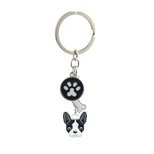 Boston Terrier dog keychain with bone and paw print charms on silver ring