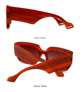 Detail view showing side and back of tortoiseshell rectangular sunglasses with wide temples