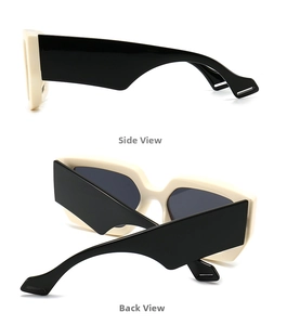 Detailed side and back view of retro thick square cream sunglasses with dark grey lenses