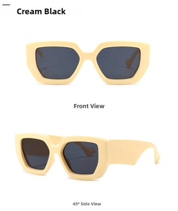 Front and 45-degree views of cream geometric sunglasses with thick frames and dark lenses