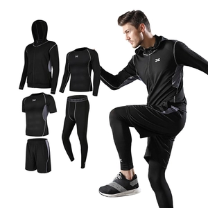 Mens 5-piece athletic compression set with jacket and tights for gym training and running