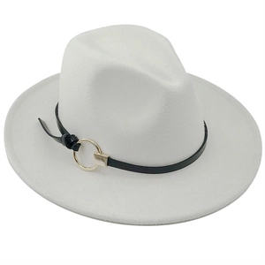 Wool Felt Fedora Hat With Metal Ring Belt Decor Flat Wide Brim Jazz Cap For Women And Men