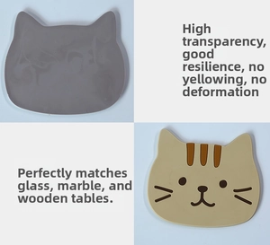 Detail showing flexible cat-shaped silicone coasters with heat-resistant and non-slip features