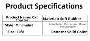 Detailed size chart and specifications for the minimalist soft PVC cat-shaped coaster