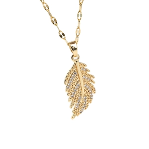 18K gold plated titanium steel feather necklace with cubic zirconia inlay for women
