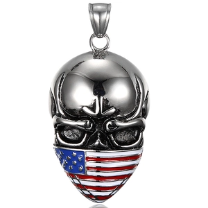 Detailed view of skull pendant with American flag enamel pattern in silver finish