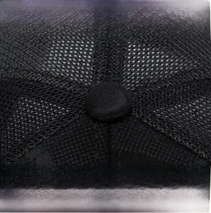 Macro shot of breathable mesh fabric and top button on camouflage baseball cap detail