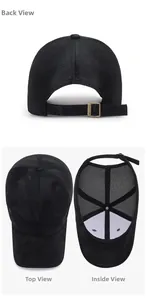 Detail view of camouflage baseball cap showing back mesh, top and inside structure