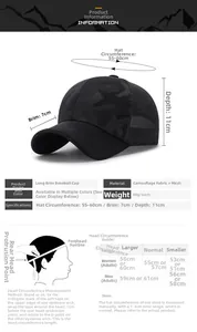 Size chart for camo mesh baseball cap showing dimensions 55-60cm and measuring guide