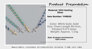 Detailed specs of S925 silver cross pendant with blue beads and zircon crystals