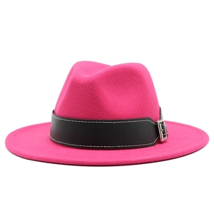 Classic magenta wool fedora with wide flat brim and black leather belt with silver buckle