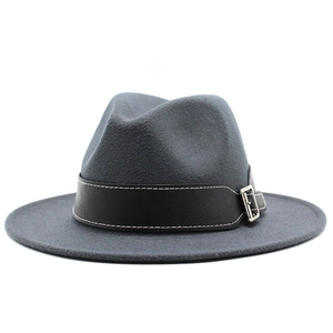 Detail of dark grey wool fedora hat with flat brim and black faux leather buckle band