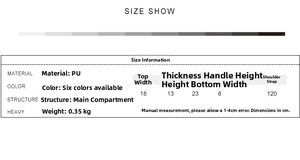 Size chart showing dimensions for the laser sequin bottle shaped PU shoulder bag for women