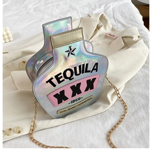 Detail of silver laser sequin tequila bottle bag with embroidery and chain strap