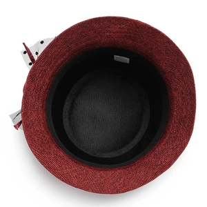 Burgundy linen fascinator hat with polka dot mesh and large flower detail for women