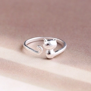 Cute Cat Open Ring Adjustable White Copper Animal Shaped Jewelry For Women Girls Creative Minimalist Finger Ring