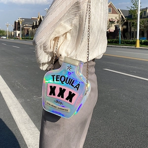 Unique laser tequila bottle crossbody bag with holographic PU leather and gold chain