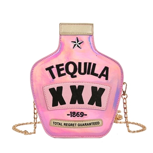 Pink holographic laser wine bottle shaped crossbody bag with gold chain and Tequila embroidery