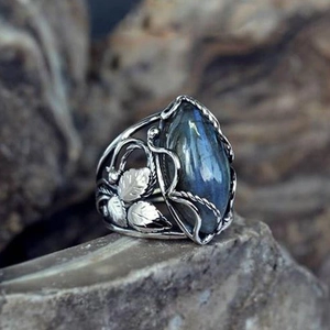 Marquise Blue Crystal Ring Vintage Silver Alloy Hollow Leaf Vine Bohemian Finger Jewelry For Women Accessories