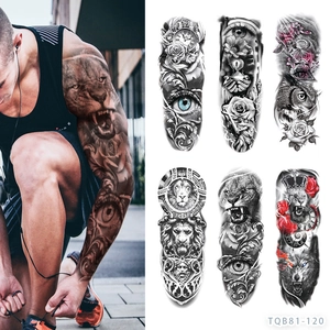Full arm temporary tattoos featuring realistic lion wolf and clock designs for men and women