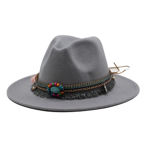 Detail of grey wool fedora featuring ethnic style beadwork and turquoise stone inlay