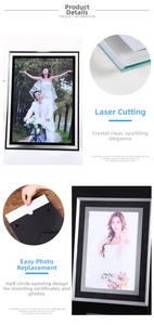 Detail of crystal glass photo frame showing laser cut edges and back hooks for hanging