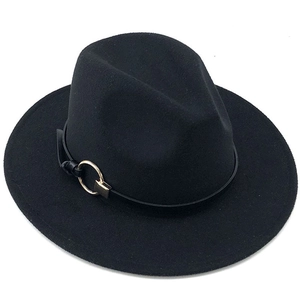 Top view of a black wide brim fedora hat featuring a slim leather band and golden metal buckle