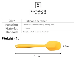 Detail of 21cm silicone spatula with dimensions, weight and food-grade material specs