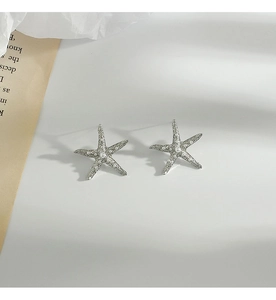 Close-up of silver starfish earrings with pearl detailing on an elegant white background