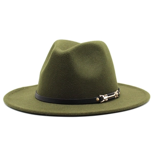 Dark green wool fedora hat with a black leather belt strap and gold buckle detail