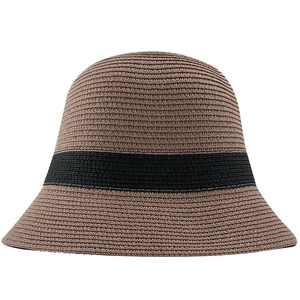 Foldable Hepburn style straw sun hat in coffee brown with black ribbon and woven texture